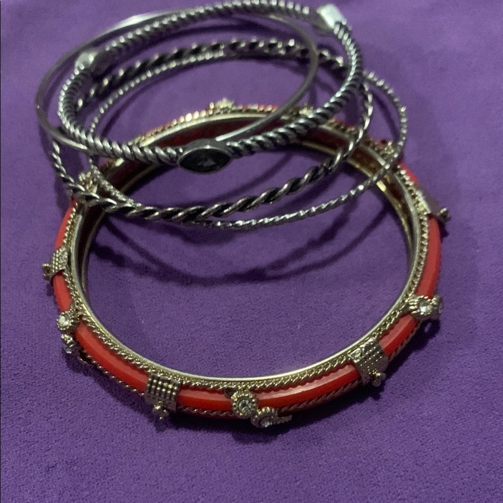 Elegant Silver and Red Bangle Set